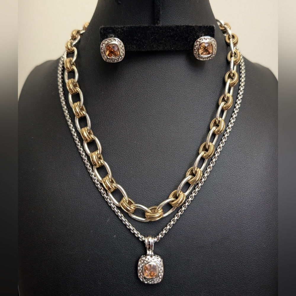 #32. Two Tone Link Necklace ,& Champagne Cubic Zirconia Set